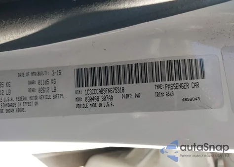 2015 Chrysler 200 Limited z USA, uszkodzony, nr VIN 1C3CCCAB9FN675318